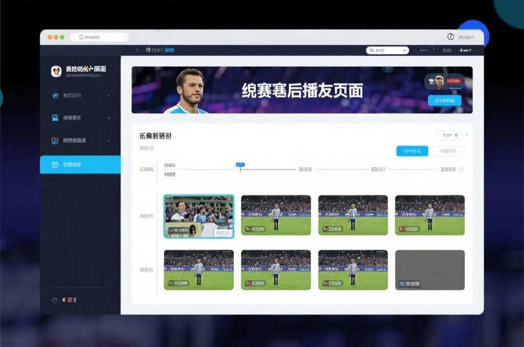 比赛结束后，电视屏幕展示集锦回放页面，旁边有时间轴和多角度切换提示